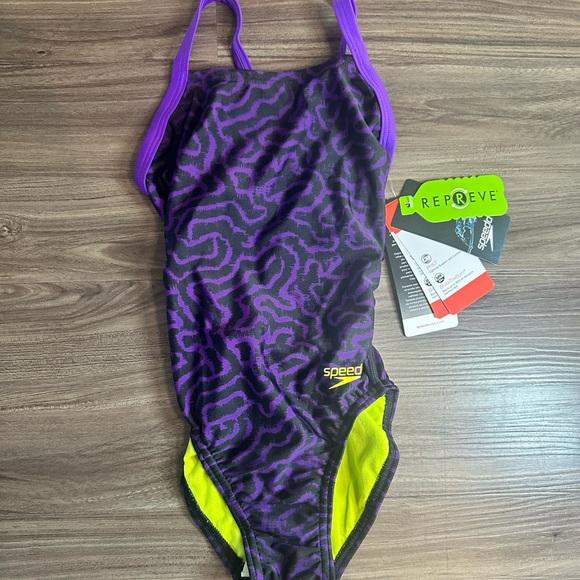 Speedo Other - Speedo One Piece Swimsuit Purple Black Print Neon Yellow Lining Size 7/8 NWT